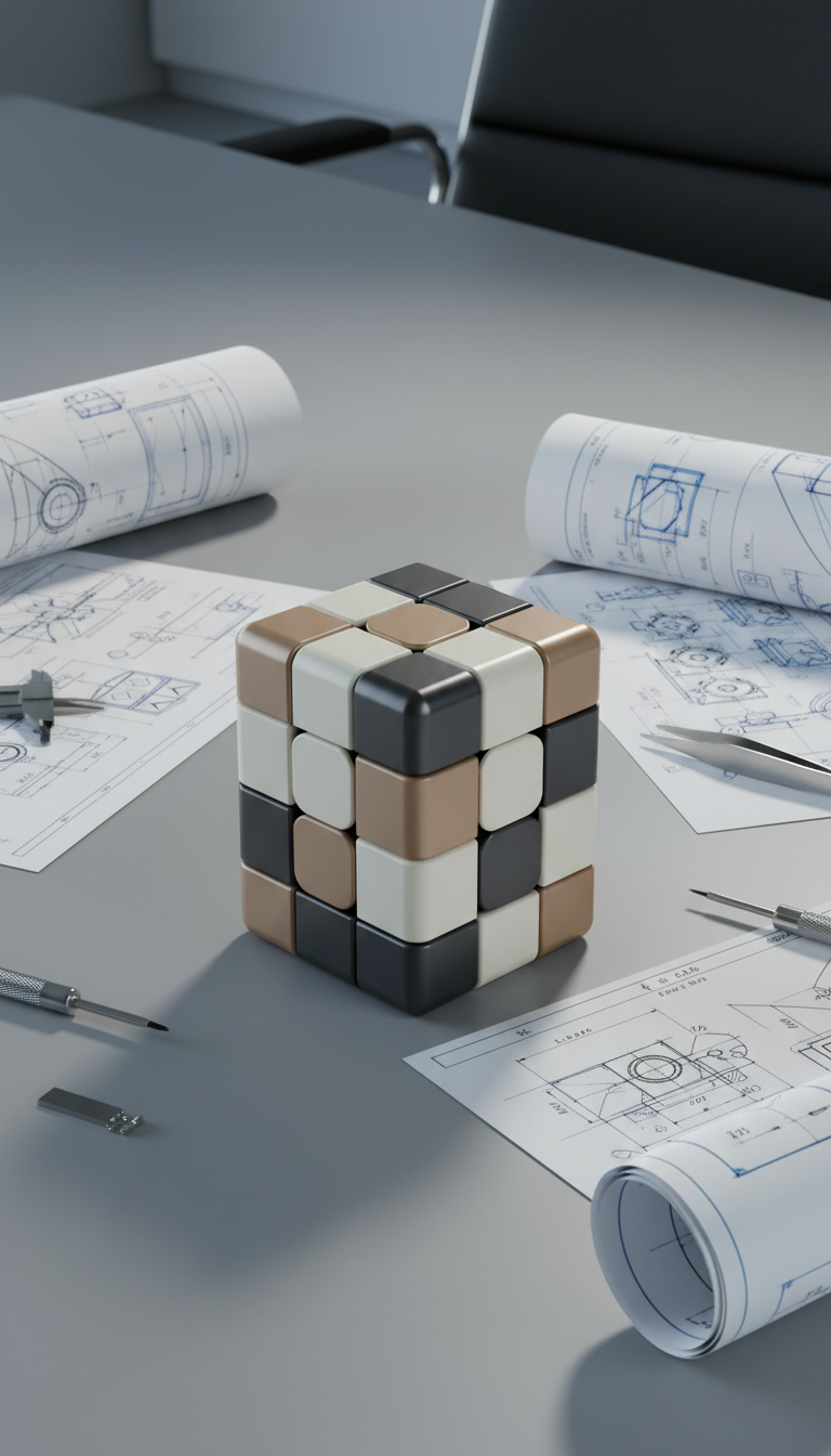 A close-up of an intricately detailed puzzle cube made from high-grade, satin-finished plastic components in harmonious shades of taupe, graphite, and cream. The cube is precisely aligned atop a matte, neutral-toned conference table surrounded by technical sketches and small metallic tools, evoking a sense of premium craftsmanship and engineering. Cool, diffused studio lighting generates soft highlights along the cube’s edges while casting faint shadow patterns on the workspace. The mood is focused and innovative, set at eye-level for a direct, structured composition. Clean lines and clear, minimalist visual language reinforce a professional, corporate portfolio style, ideally suited for communicating expertise in toy engineering.